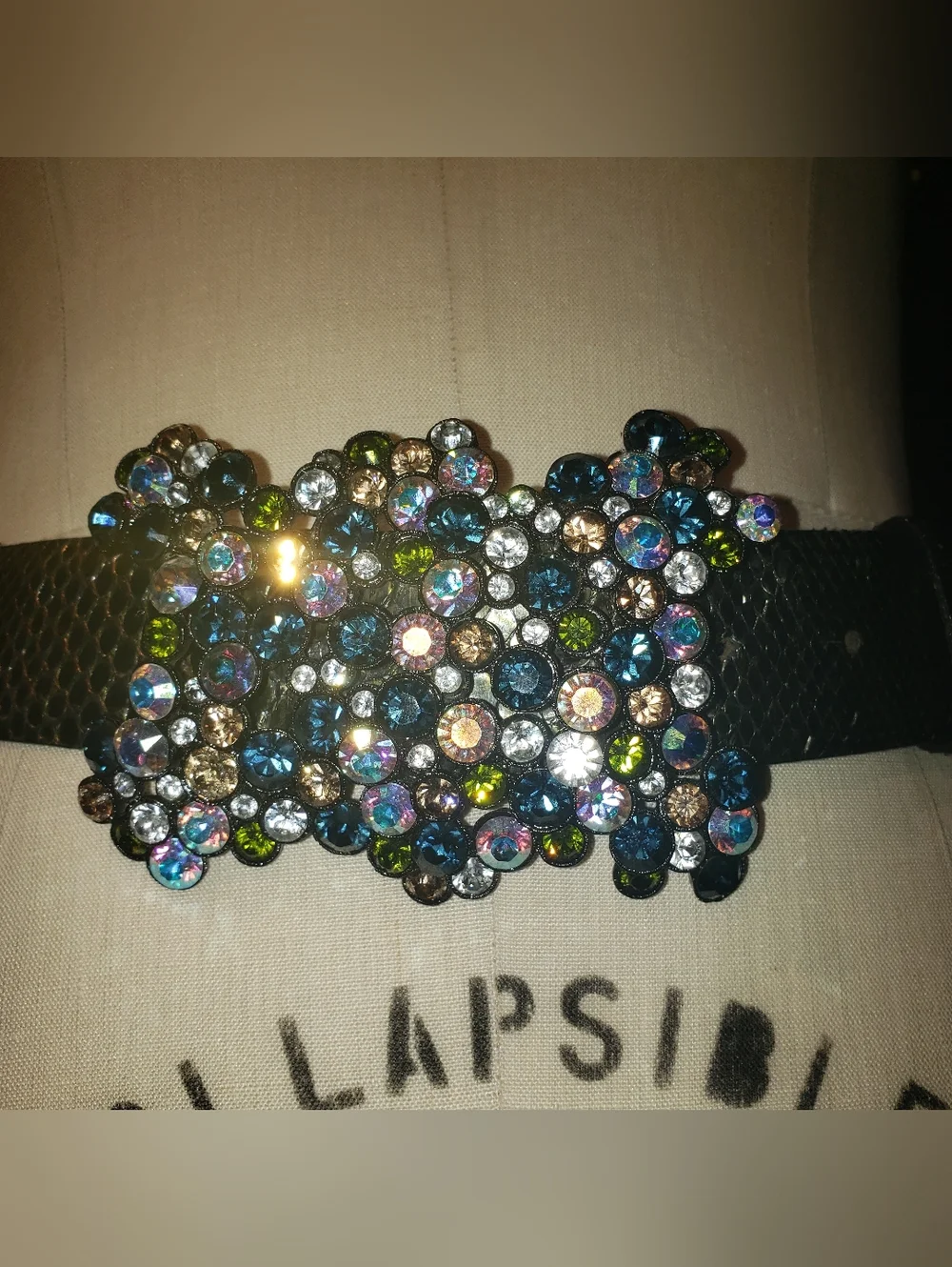 PreOwned Super Rare Huge Swarovski Crystal Buckle Metallic Green Python Belt